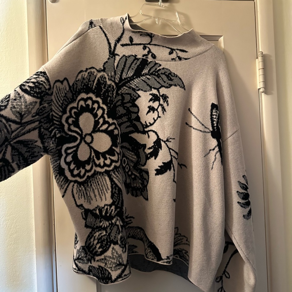 Maeve Black and Cream Cowl Neck Sweater with Dramatic Floral Design